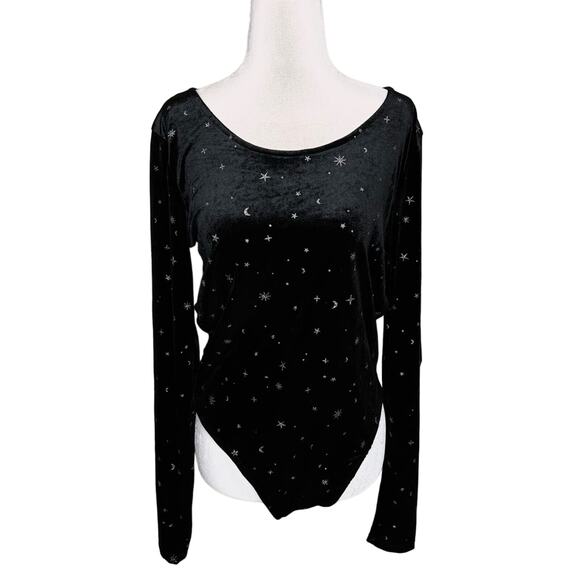 Wild Fable Black Velour Galaxy Lace Up Back Bodysuit L NWT - Picture 2 of 9